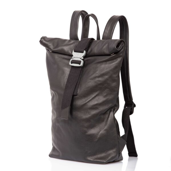 Black leather roll-top backpack with steel-colored buckle - Cinzia Rossi