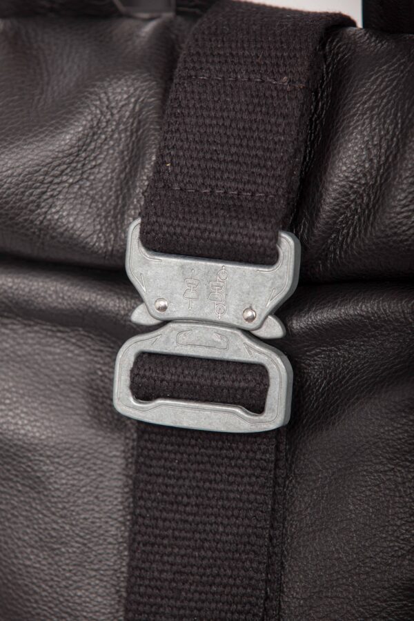 Black leather roll-top backpack with steel-colored buckle - Cinzia Rossi