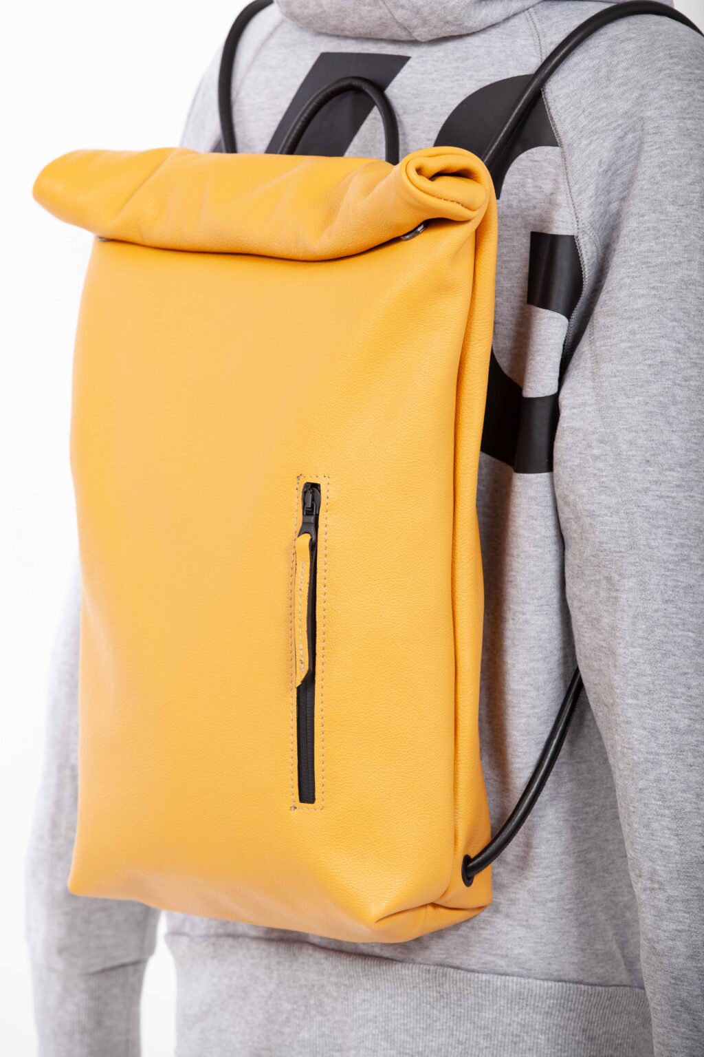 Cinzia Rossi - Yellow ocher leather roll-top backpack
